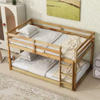 Twin over Twin Low Bunk Bed with Ladder, Guardrails, Plywood Slats and Under-Bed Storage Space