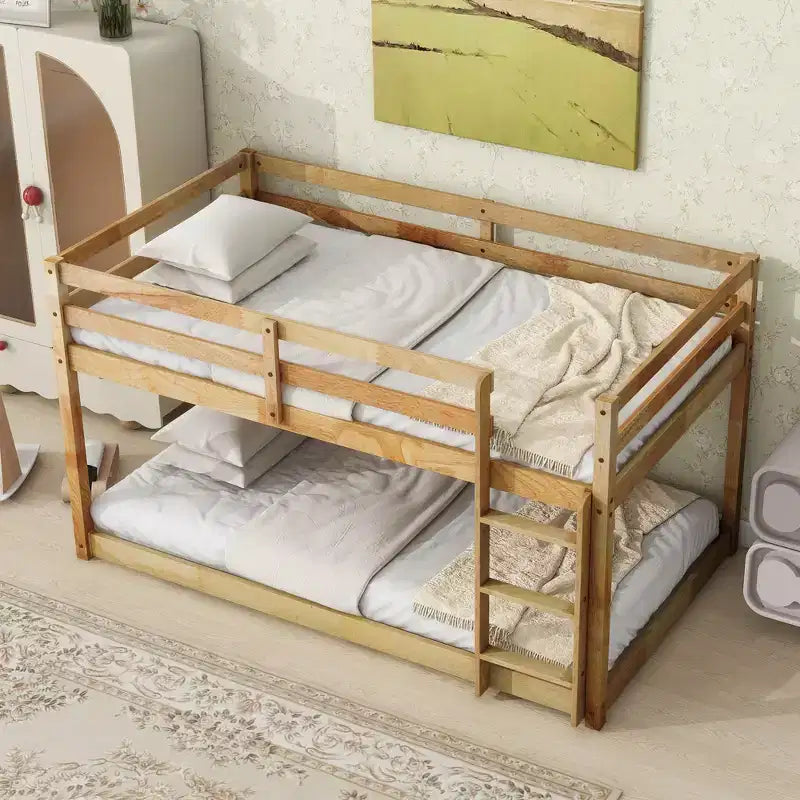 Twin over Twin Low Bunk Bed with Ladder, Guardrails, Plywood Slats and Under-Bed Storage Space