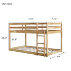 Twin over Twin Low Bunk Bed with Ladder, Guardrails, Plywood Slats and Under-Bed Storage Space