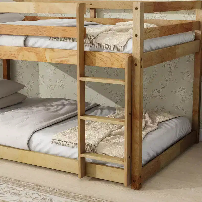 Twin over Twin Low Bunk Bed with Ladder, Guardrails, Plywood Slats and Under-Bed Storage Space