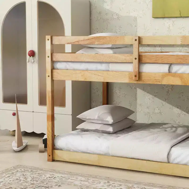 Twin over Twin Low Bunk Bed with Ladder, Guardrails, Plywood Slats and Under-Bed Storage Space