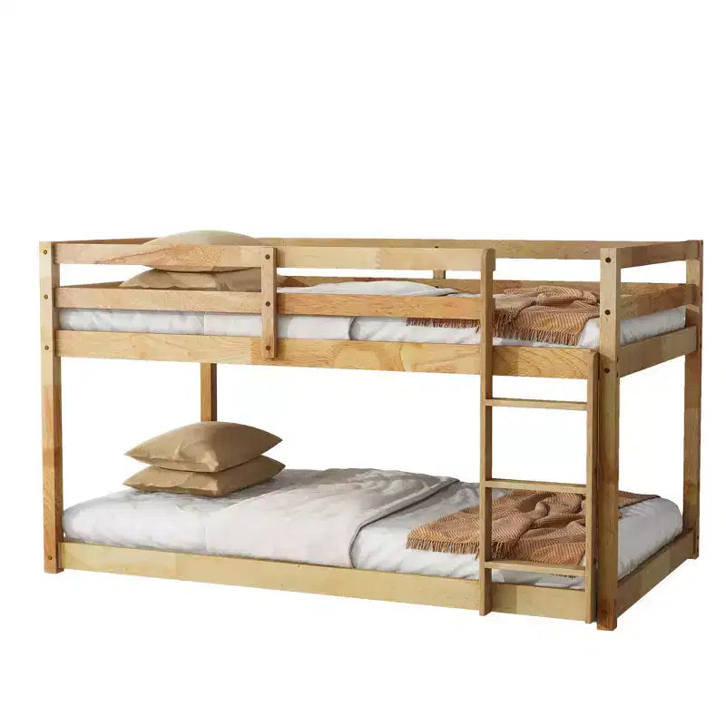 Twin over Twin Low Bunk Bed with Ladder, Guardrails, Plywood Slats and Under-Bed Storage Space