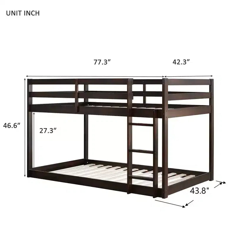 Twin over Twin Low Bunk Bed with Ladder, Guardrails, Plywood Slats and Under-Bed Storage Space