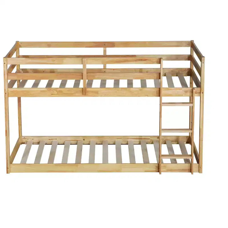 Twin over Twin Low Bunk Bed with Ladder, Guardrails, Plywood Slats and Under-Bed Storage Space