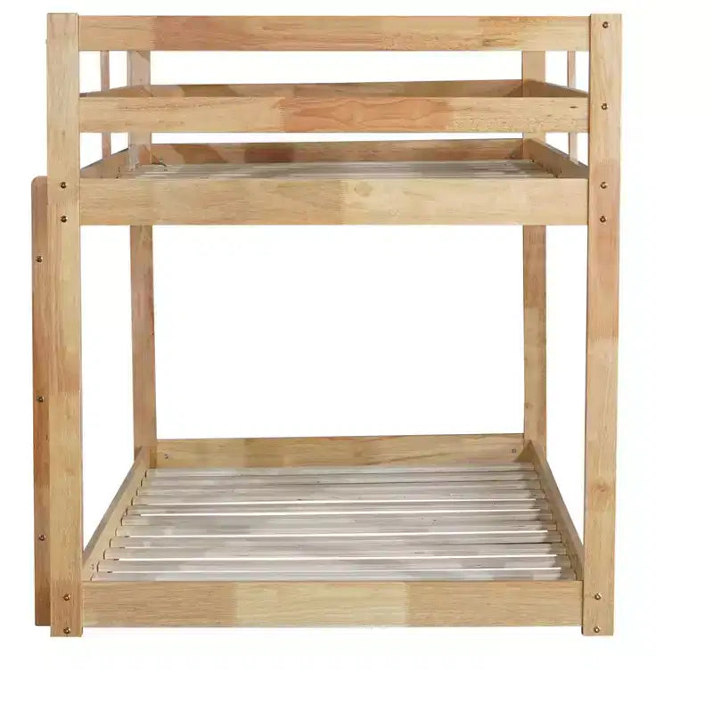 Twin over Twin Low Bunk Bed with Ladder, Guardrails, Plywood Slats and Under-Bed Storage Space