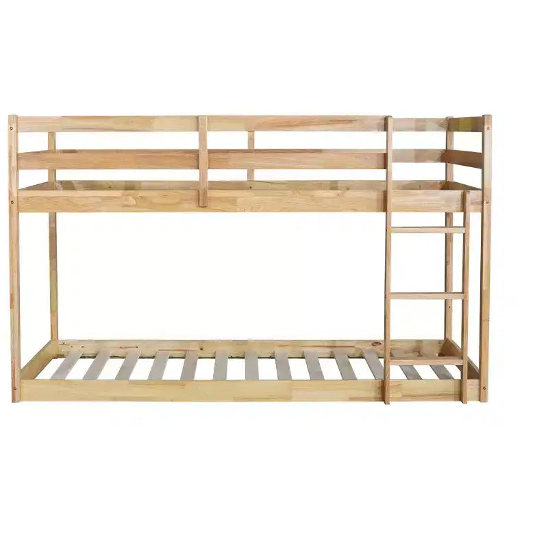 Twin over Twin Low Bunk Bed with Ladder, Guardrails, Plywood Slats and Under-Bed Storage Space