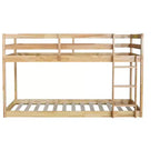 Twin over Twin Low Bunk Bed with Ladder, Guardrails, Plywood Slats and Under-Bed Storage Space