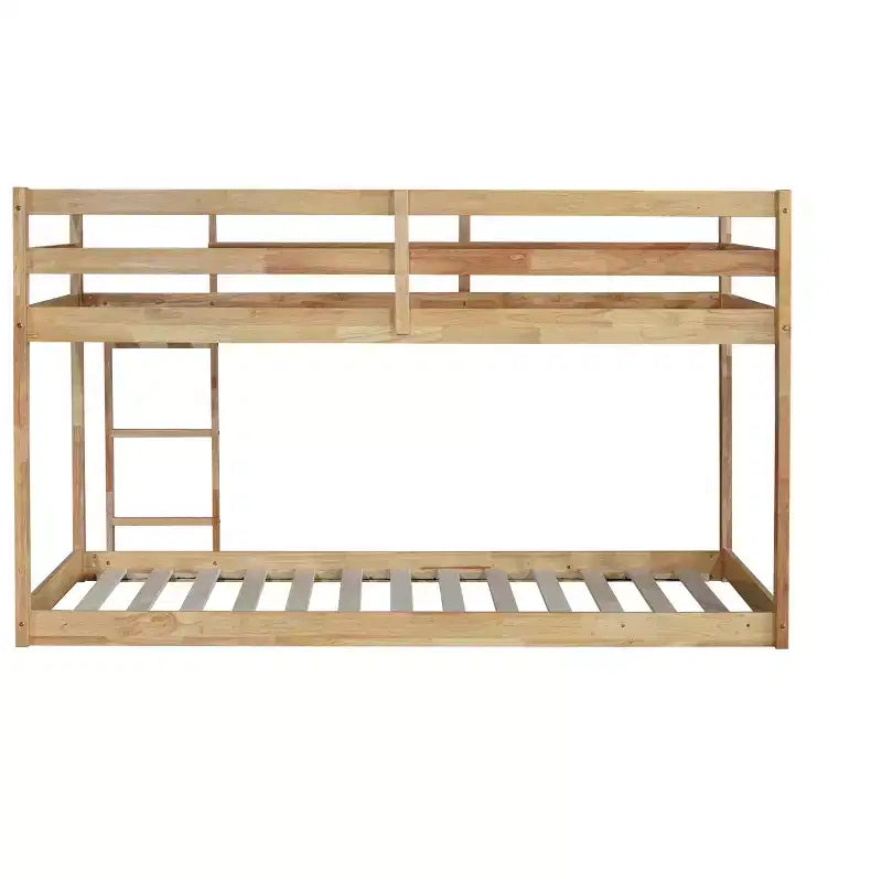 Twin over Twin Low Bunk Bed with Ladder, Guardrails, Plywood Slats and Under-Bed Storage Space