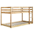 Twin over Twin Low Bunk Bed with Ladder, Guardrails, Plywood Slats and Under-Bed Storage Space