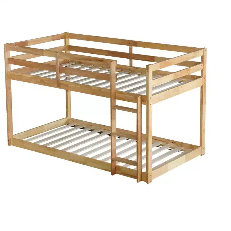 Twin over Twin Low Bunk Bed with Ladder, Guardrails, Plywood Slats and Under-Bed Storage Space
