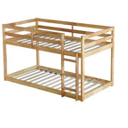 Twin over Twin Low Bunk Bed with Ladder, Guardrails, Plywood Slats and Under-Bed Storage Space