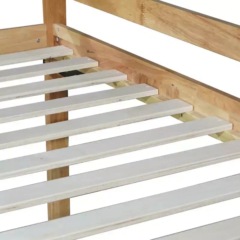 Twin over Twin Low Bunk Bed with Ladder, Guardrails, Plywood Slats and Under-Bed Storage Space
