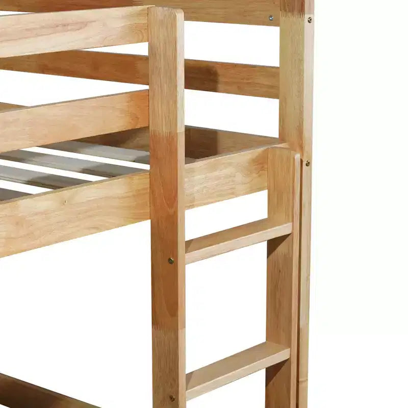 Twin over Twin Low Bunk Bed with Ladder, Guardrails, Plywood Slats and Under-Bed Storage Space
