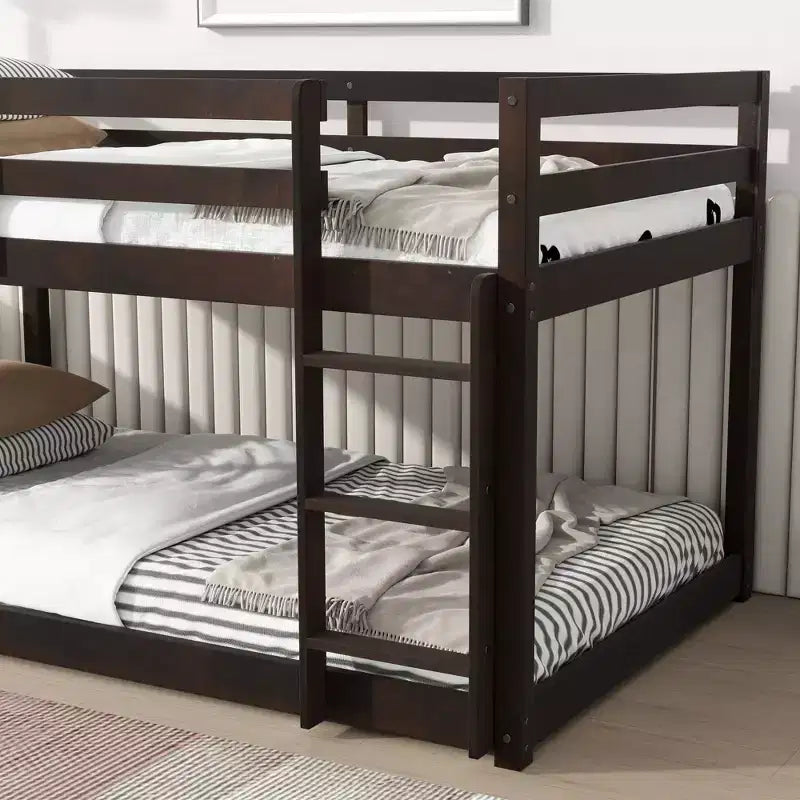 Twin over Twin Low Bunk Bed with Ladder, Guardrails, Plywood Slats and Under-Bed Storage Space