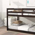 Twin over Twin Low Bunk Bed with Ladder, Guardrails, Plywood Slats and Under-Bed Storage Space