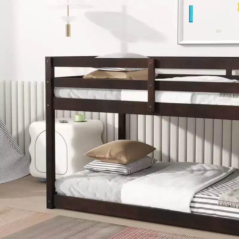 Twin over Twin Low Bunk Bed with Ladder, Guardrails, Plywood Slats and Under-Bed Storage Space
