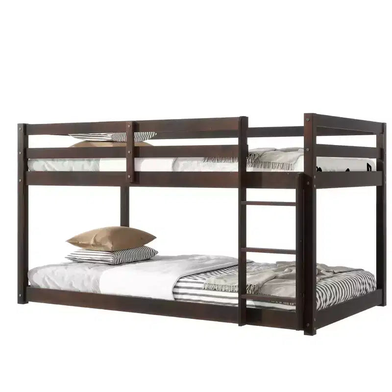 Twin over Twin Low Bunk Bed with Ladder, Guardrails, Plywood Slats and Under-Bed Storage Space