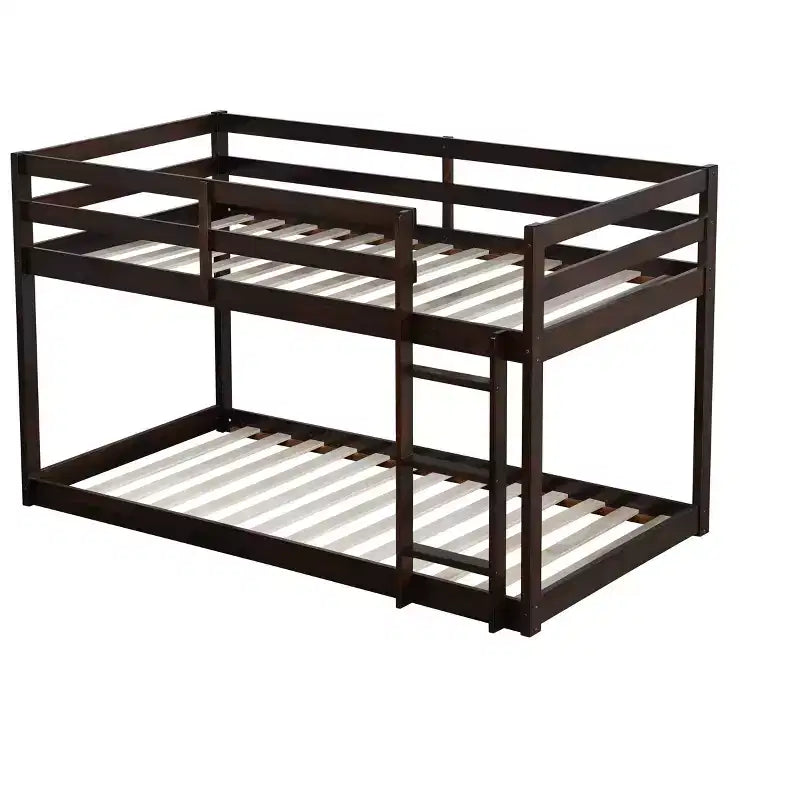 Twin over Twin Low Bunk Bed with Ladder, Guardrails, Plywood Slats and Under-Bed Storage Space