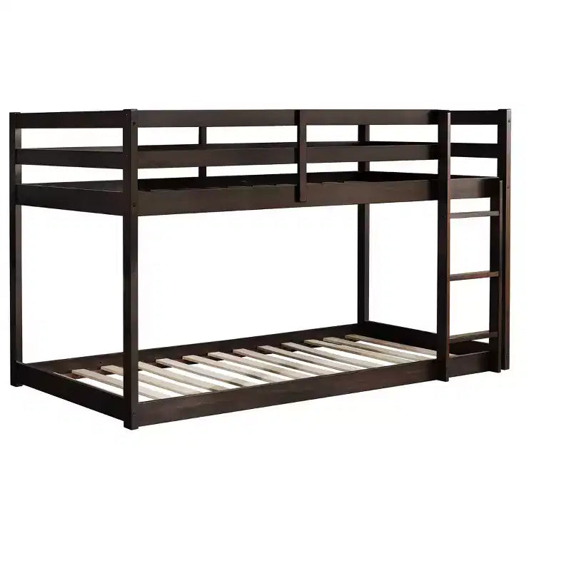 Twin over Twin Low Bunk Bed with Ladder, Guardrails, Plywood Slats and Under-Bed Storage Space