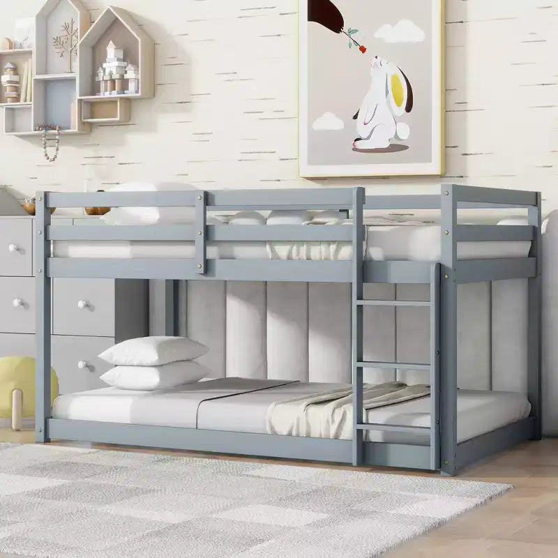 Twin over Twin Low Bunk Bed with Ladder, Guardrails, Plywood Slats and Under-Bed Storage Space