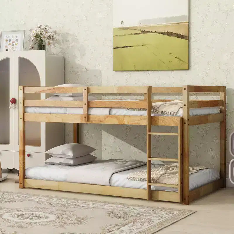 Twin over Twin Low Bunk Bed with Ladder, Guardrails, Plywood Slats and Under-Bed Storage Space