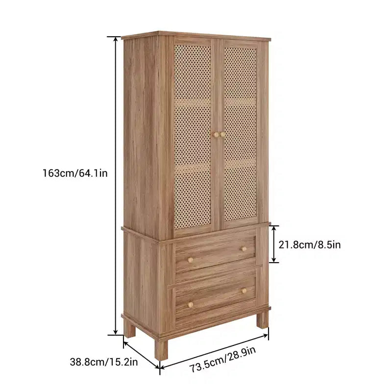 64-Inch Tall Pantry Cabinet with Rattan Doors, 2 Drawers and Adjustable Shelves