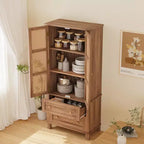 64-Inch Tall Pantry Cabinet with Rattan Doors, 2 Drawers and Adjustable Shelves