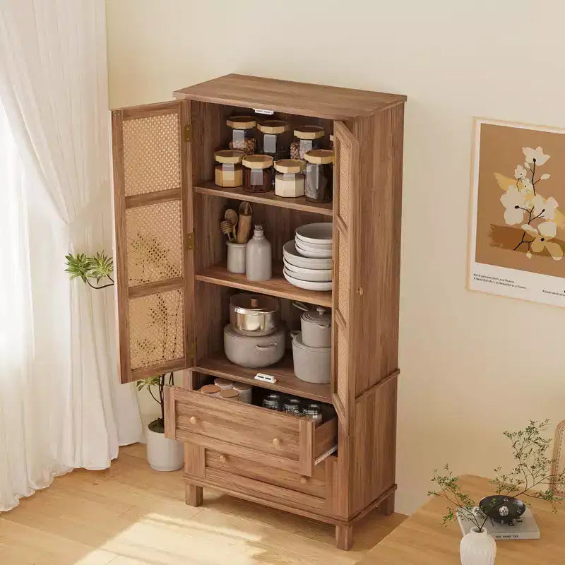 64-Inch Tall Pantry Cabinet with Rattan Doors, 2 Drawers and Adjustable Shelves