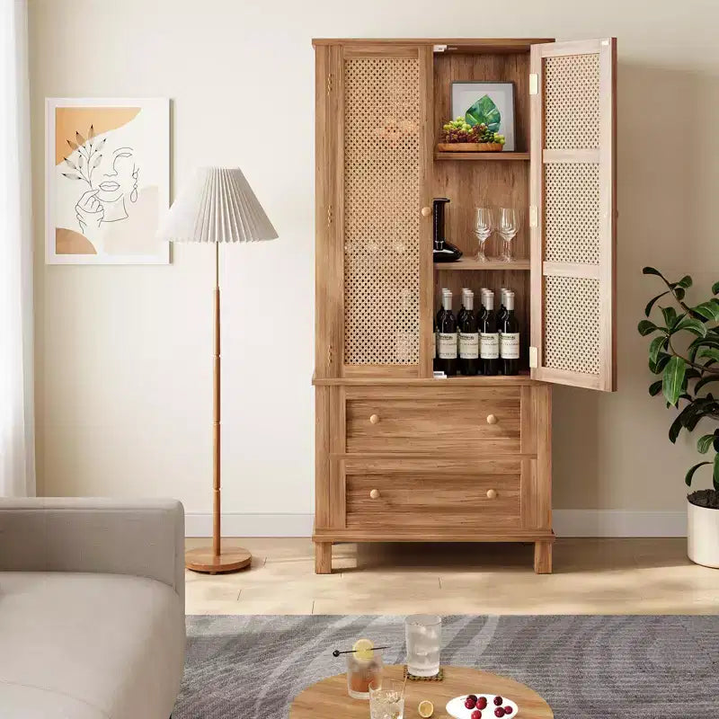 64-Inch Tall Pantry Cabinet with Rattan Doors, 2 Drawers and Adjustable Shelves