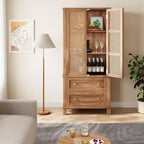 64-Inch Tall Pantry Cabinet with Rattan Doors, 2 Drawers and Adjustable Shelves