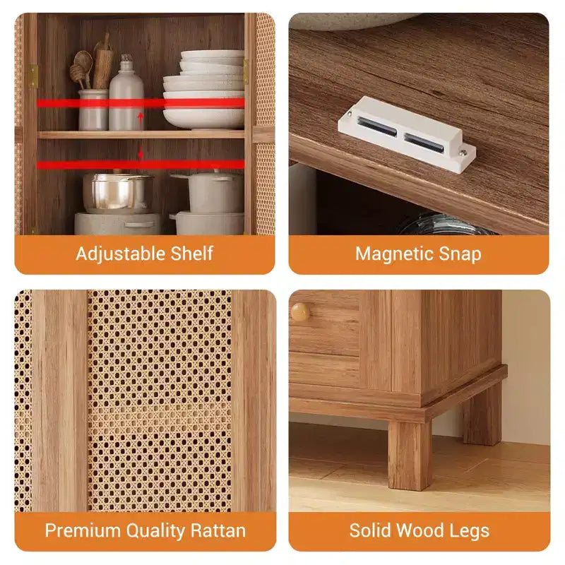 64-Inch Tall Pantry Cabinet with Rattan Doors, 2 Drawers and Adjustable Shelves