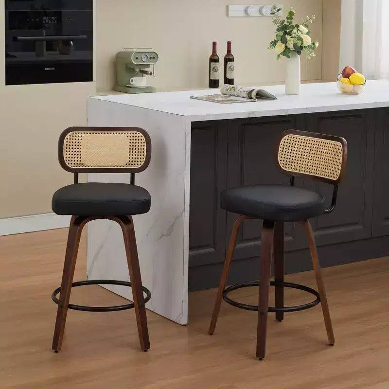sumyeg Set of 2 Rattan Counter Stools with Swivel Seat and Cane Back, 26'' Height