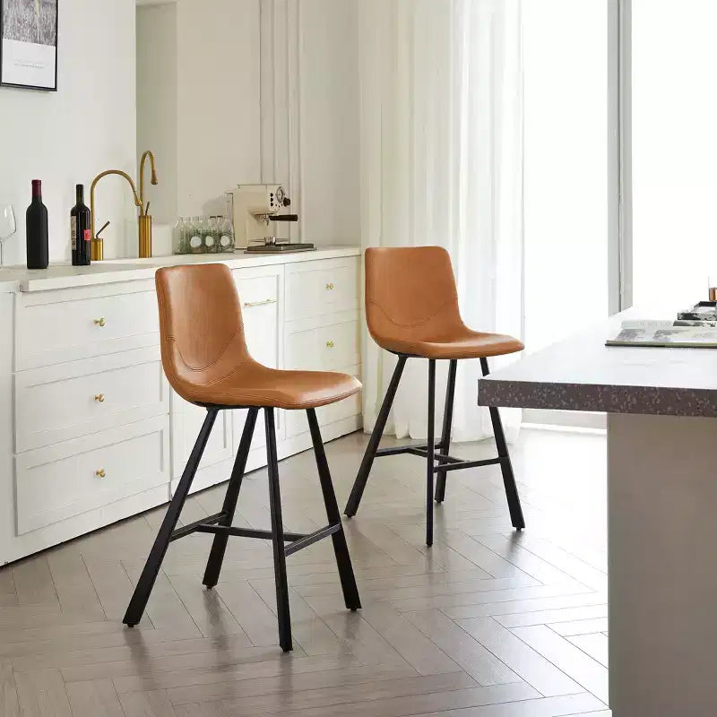 Set of 2 Bar Stools with Curved Backrest and Faux Leather Seat