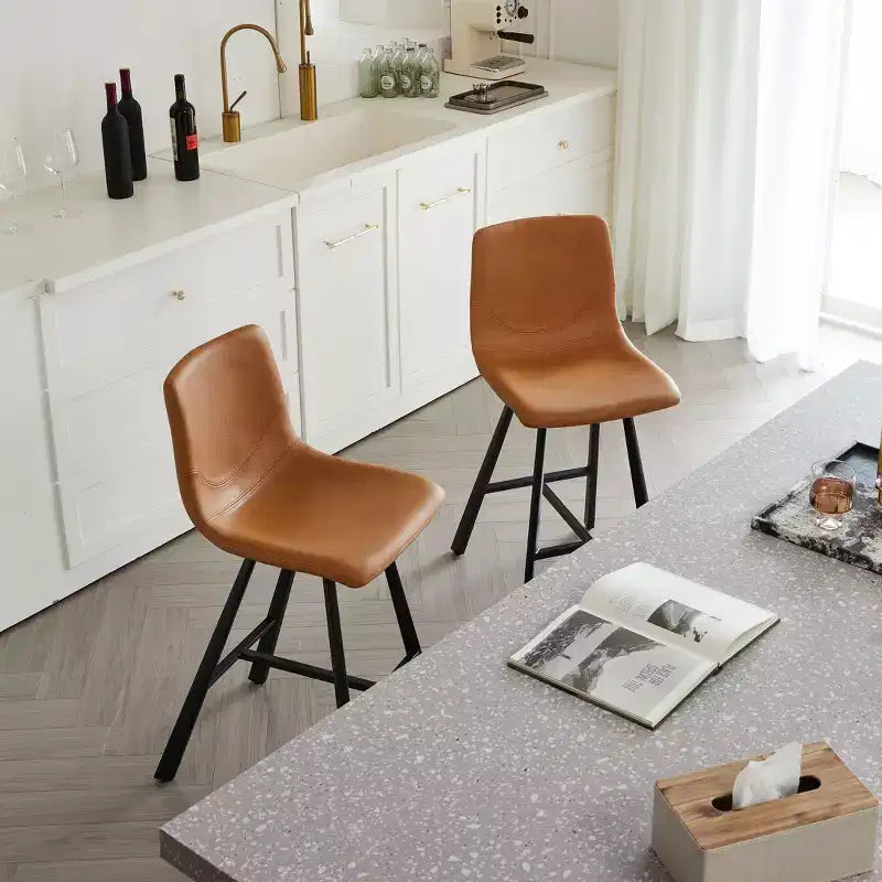 Set of 2 Bar Stools with Curved Backrest and Faux Leather Seat