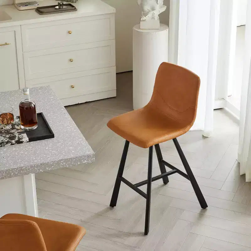 Set of 2 Bar Stools with Curved Backrest and Faux Leather Seat