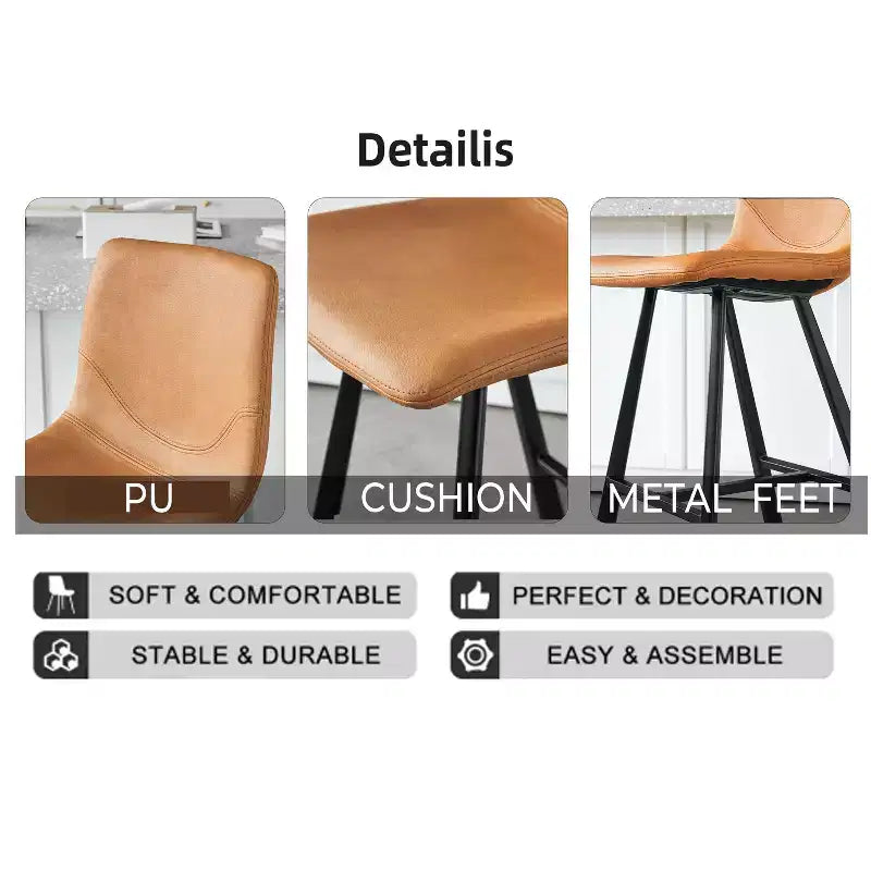 Set of 2 Bar Stools with Curved Backrest and Faux Leather Seat