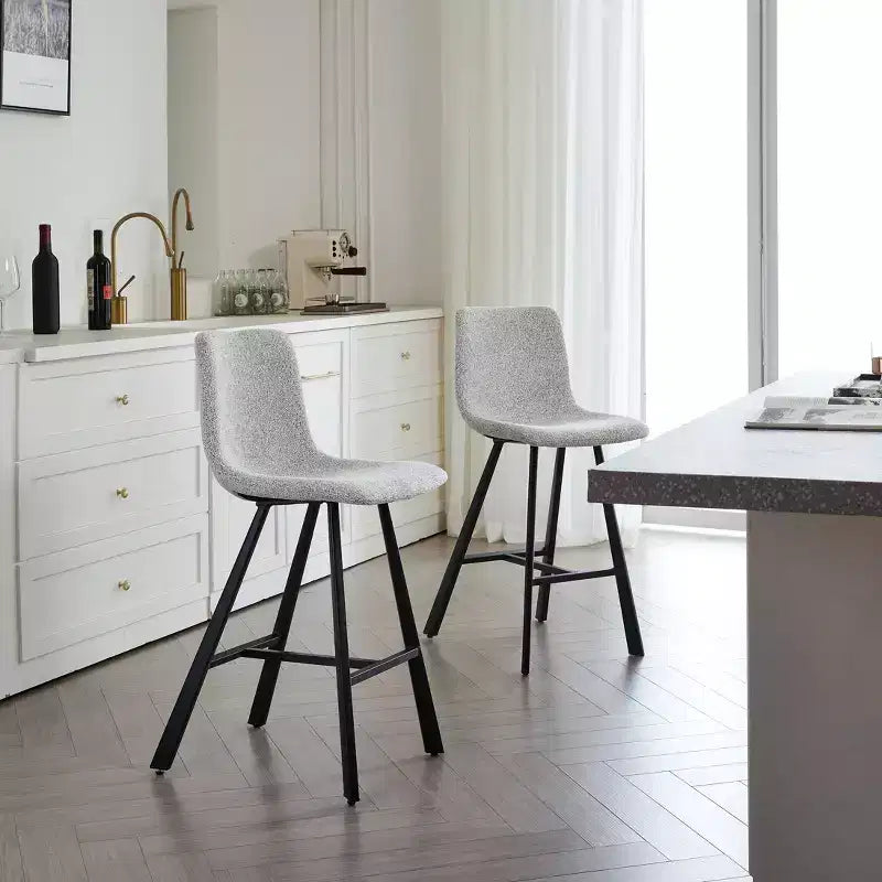 Set of 2 Bar Stools with Curved Backrest and Faux Leather Seat