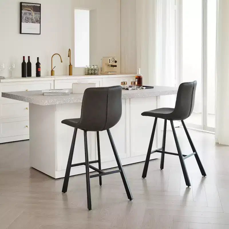 Set of 2 Bar Stools with Curved Backrest and Faux Leather Seat