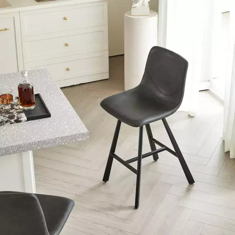 Set of 2 Bar Stools with Curved Backrest and Faux Leather Seat