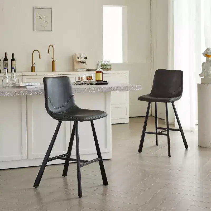 Set of 2 Bar Stools with Curved Backrest and Faux Leather Seat