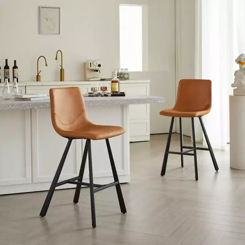 Set of 2 Bar Stools with Curved Backrest and Faux Leather Seat