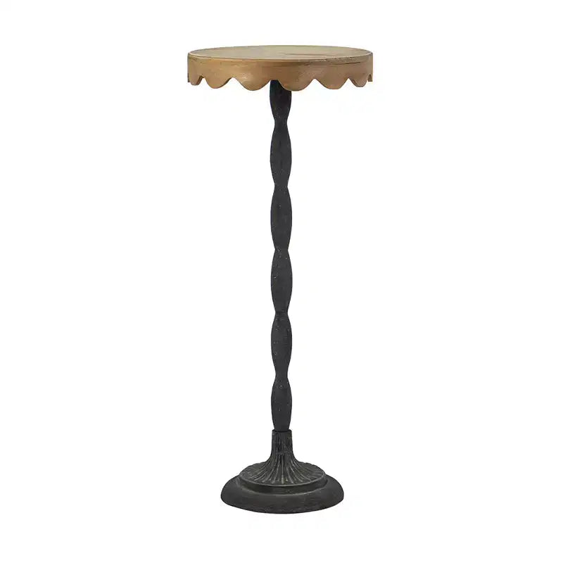 Black Iron Side Table with Scalloped Brown Wood Top D12x29.5