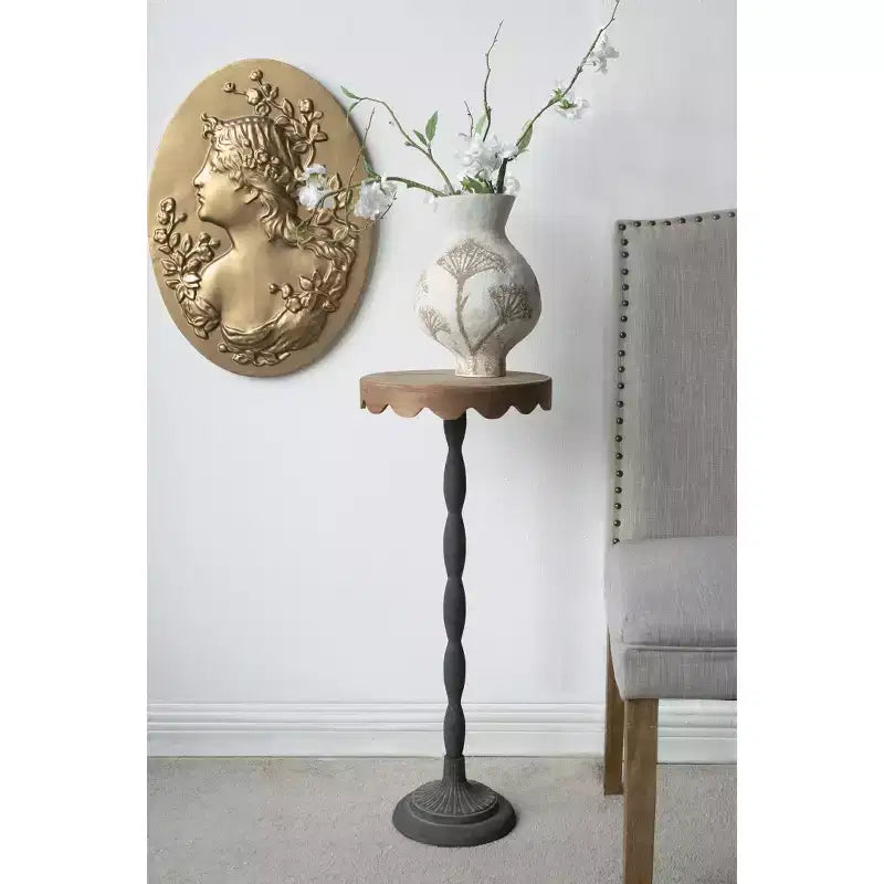 Black Iron Side Table with Scalloped Brown Wood Top D12x29.5