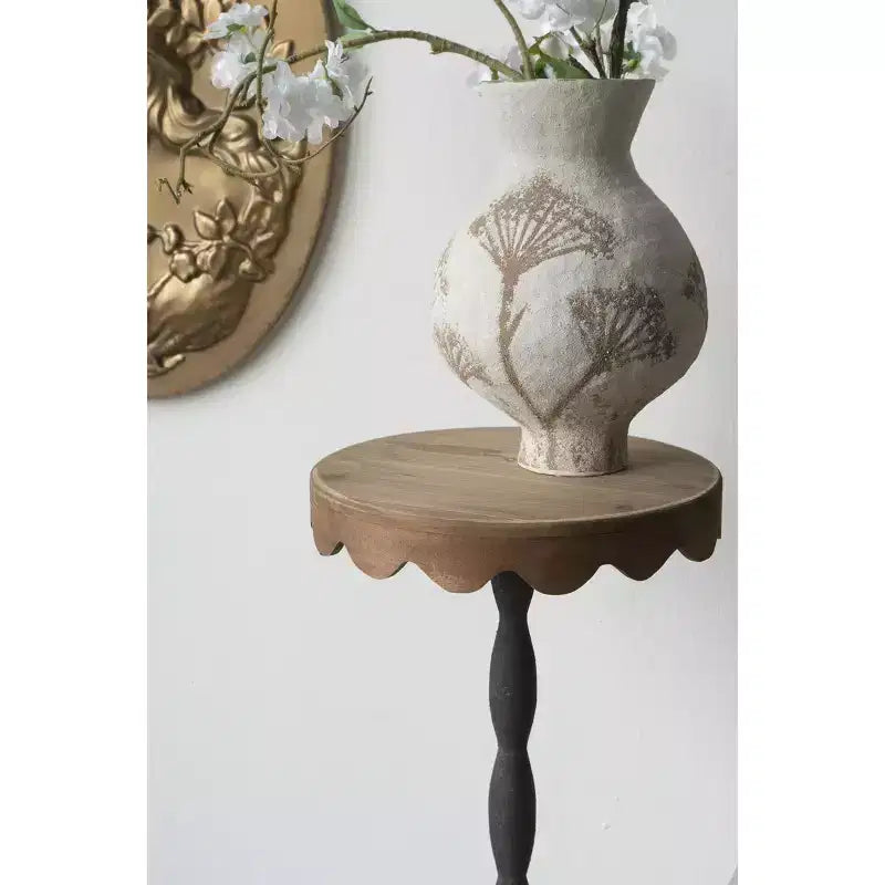 Black Iron Side Table with Scalloped Brown Wood Top D12x29.5