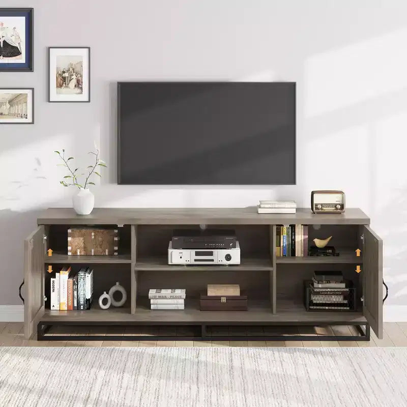 COZONY 63 Mid Century Modern TV Stand for 80 TVs, Media Console with Push-Open Cabinets, Open Shelves