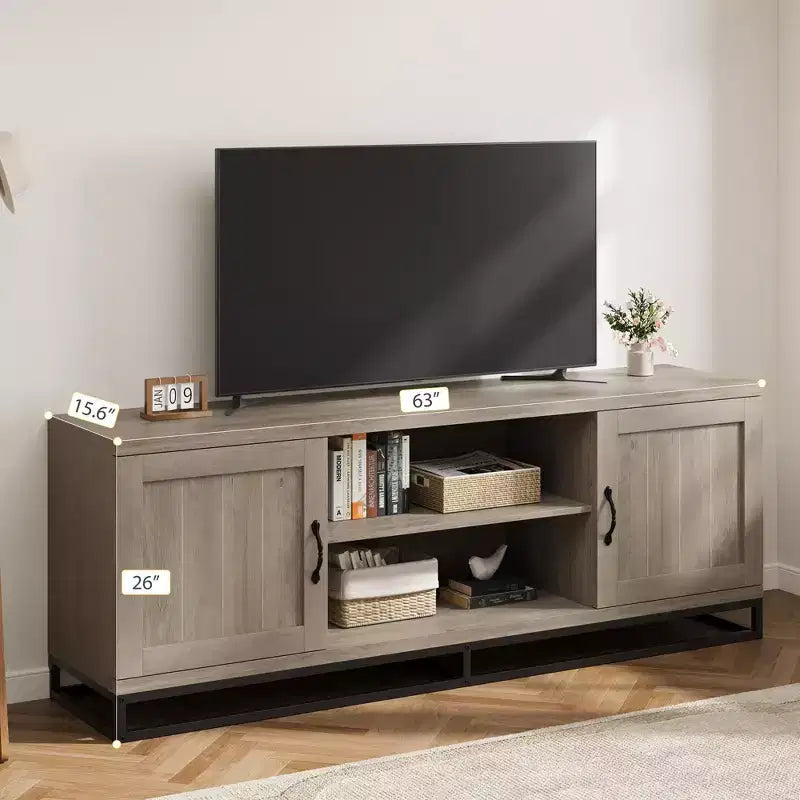 63-Inch Mid-Century Modern TV Stand with Push-Open Cabinets and Open Shelves