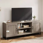 63-Inch Mid-Century Modern TV Stand with Push-Open Cabinets and Open Shelves
