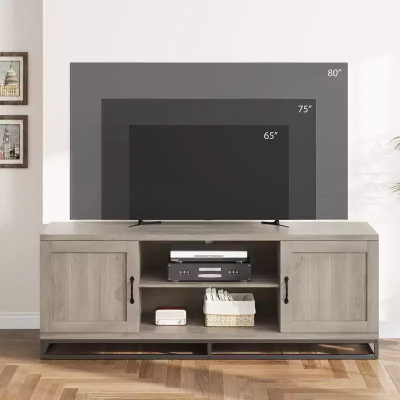 63-Inch Mid-Century Modern TV Stand with Push-Open Cabinets and Open Shelves