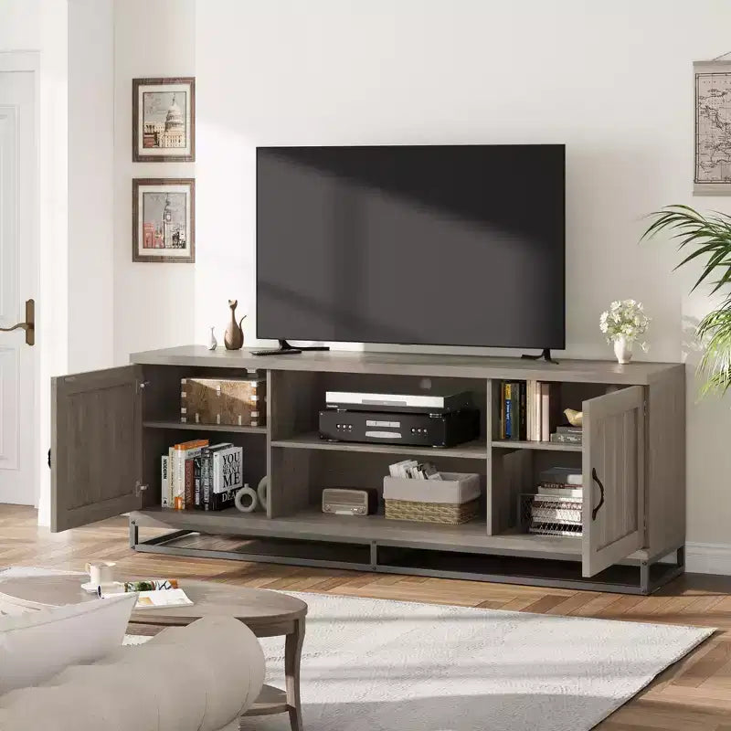 63-Inch Mid-Century Modern TV Stand with Push-Open Cabinets and Open Shelves