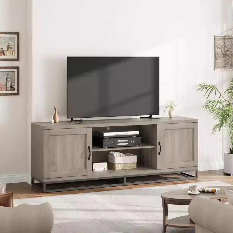 63-Inch Mid-Century Modern TV Stand with Push-Open Cabinets and Open Shelves